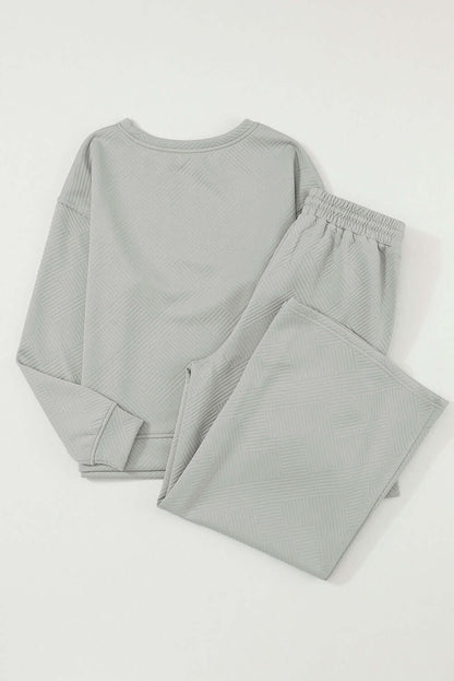 Gray Textured Loose Slouchy Long Sleeve Top and Pants Set