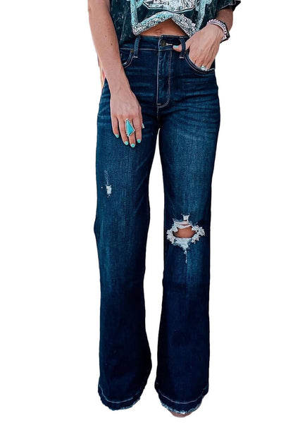 Real Teal High Rise Ripped Bell Bottom Jeans