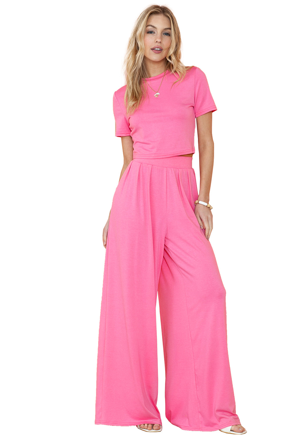 Black Plain Slim Fit Crop Top And Wide Leg Pants Set