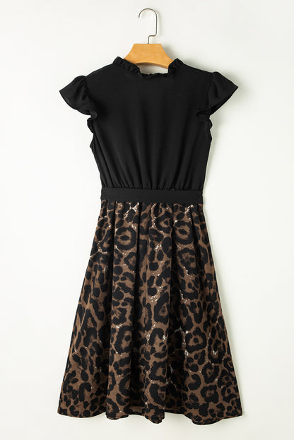 Black Flutter Sleeve Bodice Splicing Leopard Print Dress