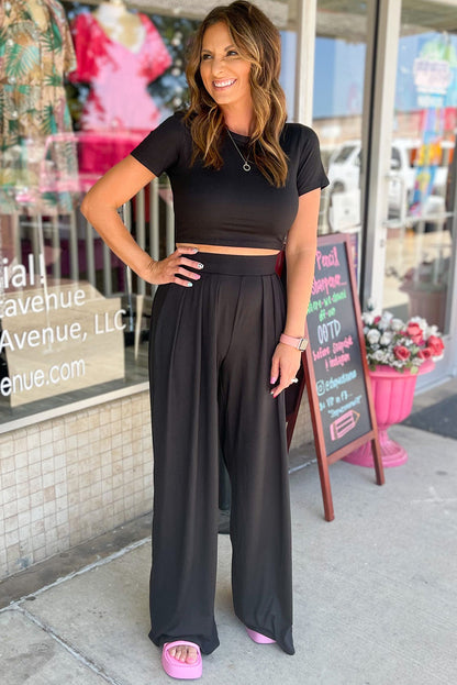 Black Plain Slim Fit Crop Top And Wide Leg Pants Set