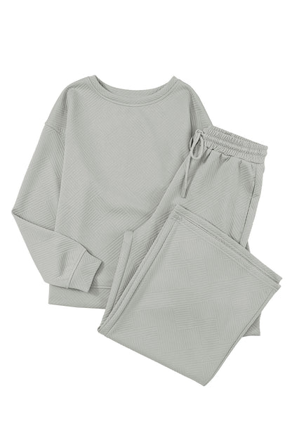 Gray Textured Loose Slouchy Long Sleeve Top and Pants Set