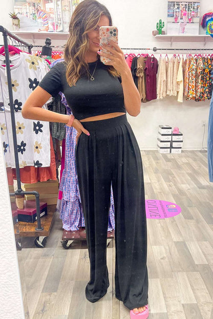 Black Plain Slim Fit Crop Top And Wide Leg Pants Set