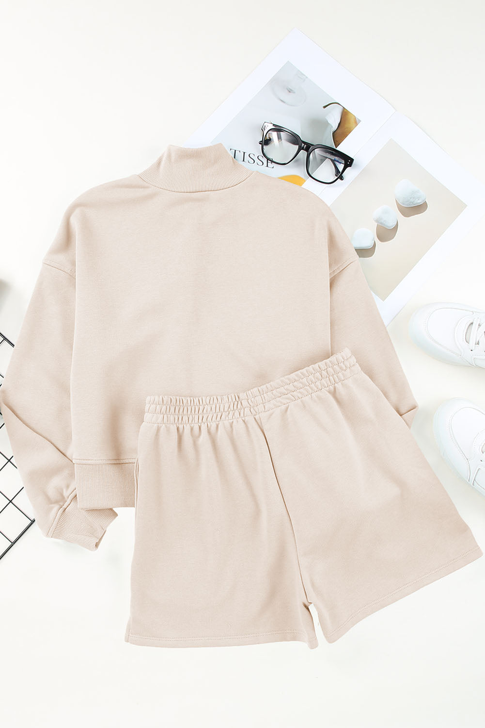 Apricot Casual High Neck Henley Top and Short Outfit