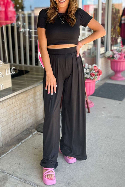 Black Plain Slim Fit Crop Top And Wide Leg Pants Set