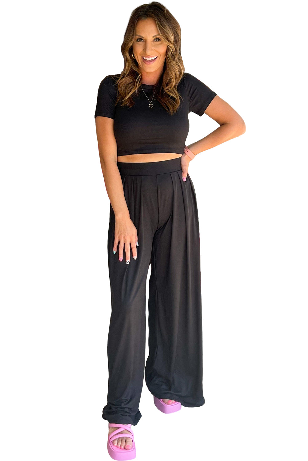 Black Plain Slim Fit Crop Top And Wide Leg Pants Set