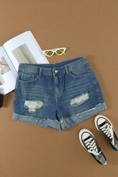 Dark Blue Casual Ripped Rolled Hem Denim Shorts