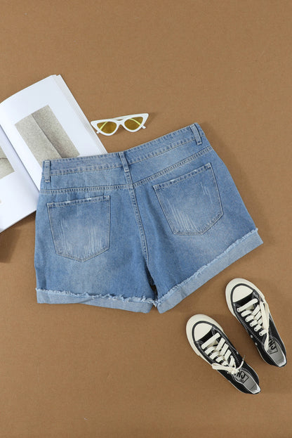 Dark Blue Casual Ripped Rolled Hem Denim Shorts