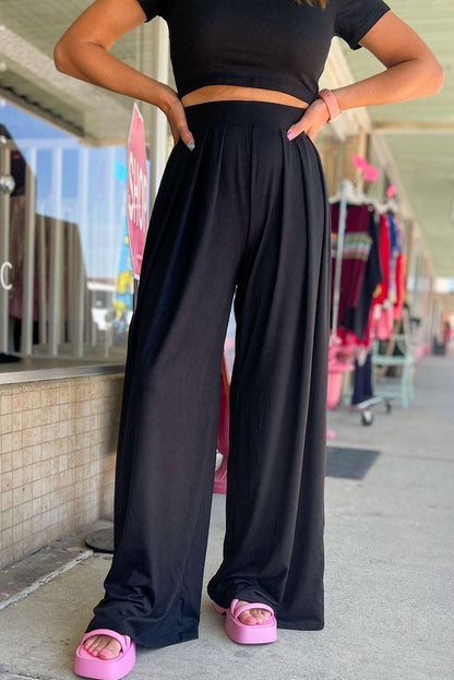 Black Plain Slim Fit Crop Top And Wide Leg Pants Set