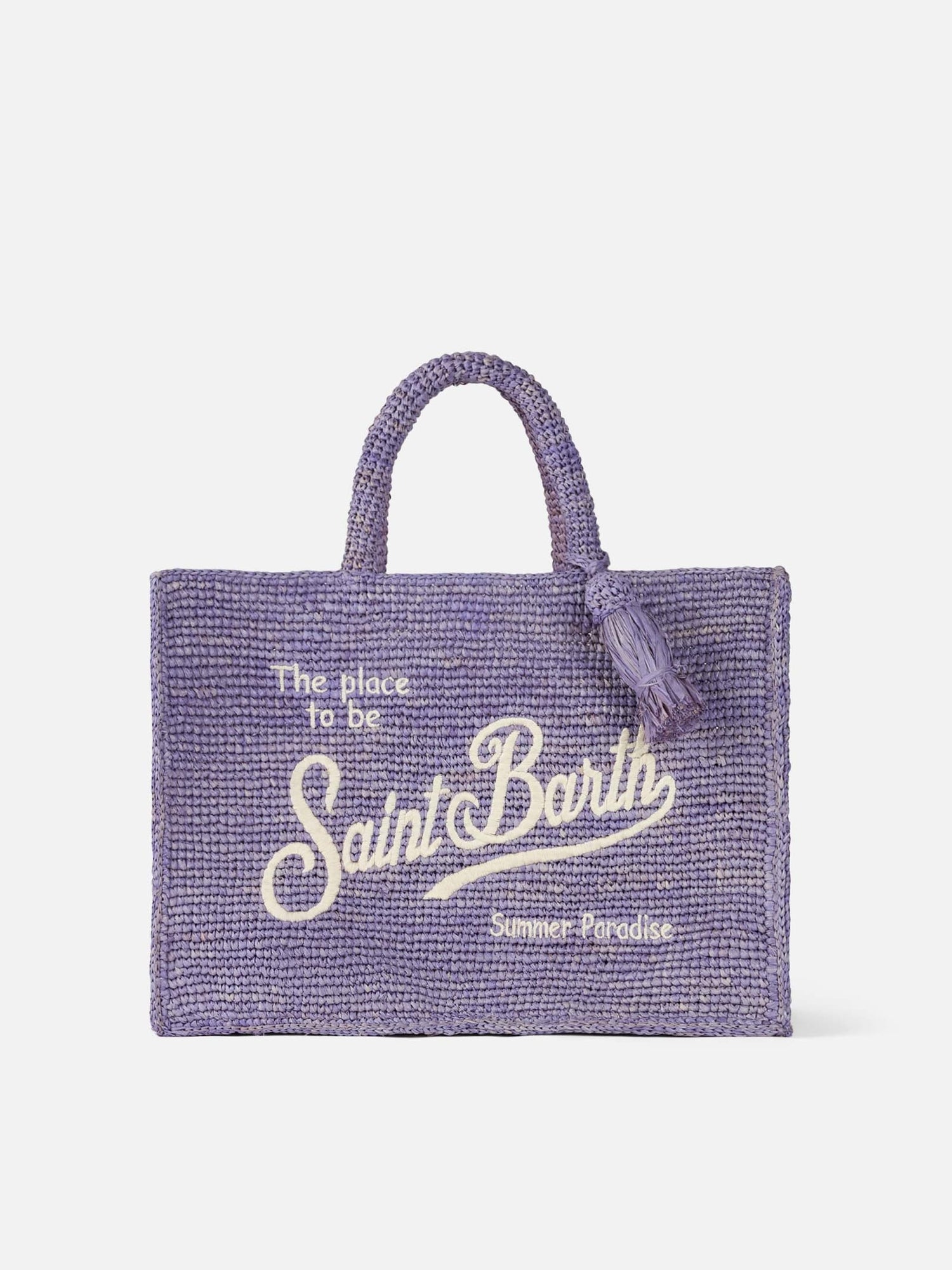 Stylish purple wicker tote bag with "Saint Barth Summer Paradise" text, perfect for summer outings.