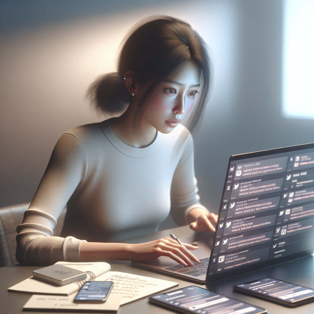 Woman focused on a laptop, engaging with social media notifications, with phones and notes on the table.