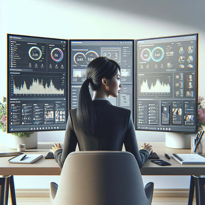 Professional woman working at a modern desk with multiple digital screens displaying data analytics and performance metrics.