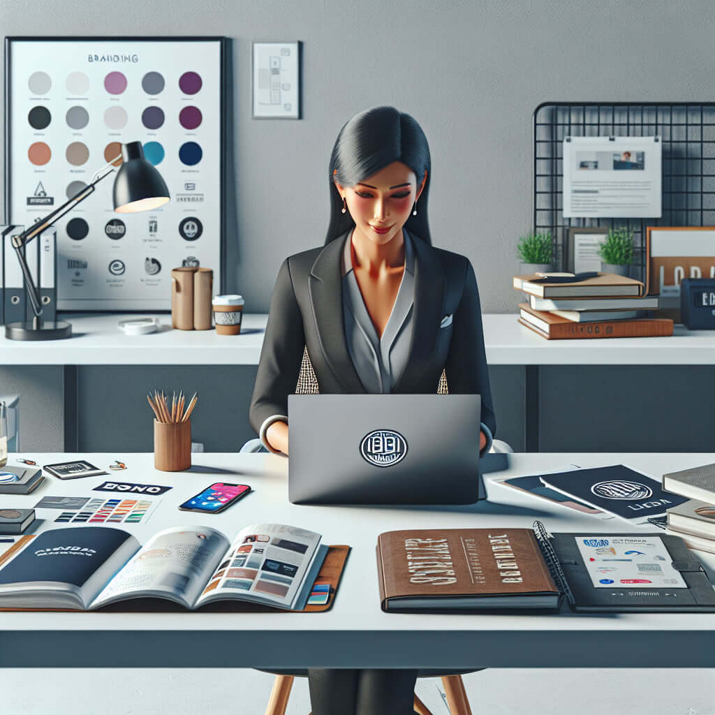 Professional woman working on a laptop at a stylish office desk surrounded by design materials and coffee.