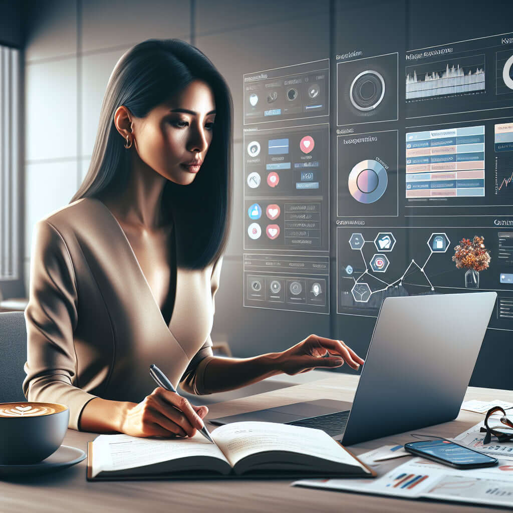 Businesswoman analyzing data on a laptop with charts and graphs displayed in a modern office setting.