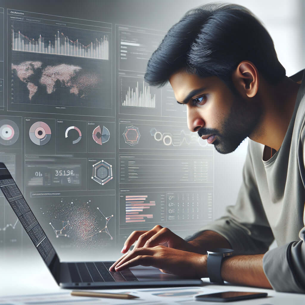 Young man analyzing data on a laptop with graphs and charts displaying in the background, showcasing tech and analytics.