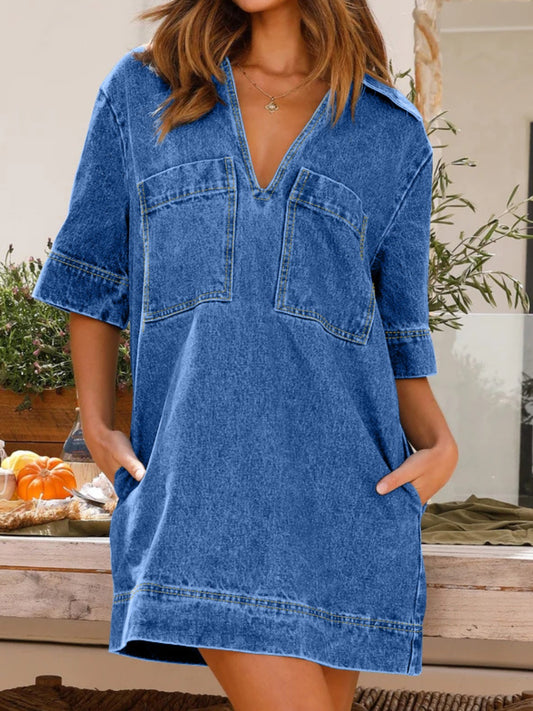 Vestido vaquero de media manga con cuello Johnny
